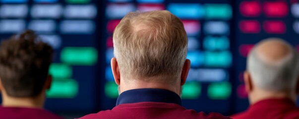 Men observing stock market data on a digital screen, focused on financial trends.