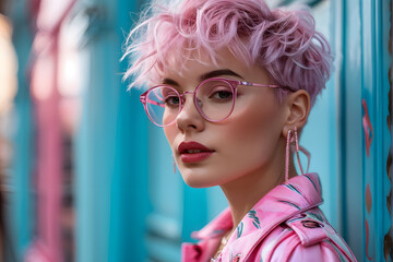 A woman with pink hair and glasses stands in front of a blue door