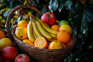 Wall Mural - A vibrant basket filled with fresh fruits including bananas, apples, and oranges. Perfect for healthy living and seasonal meals. A beautiful fruit arrangement. Generative AI