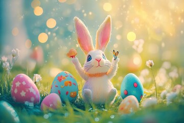 A Cheerful Rabbit Celebrating Easter Surrounded by Colorful Eggs in a Vibrant Spring Garden Filled With Flowers and Sunlight