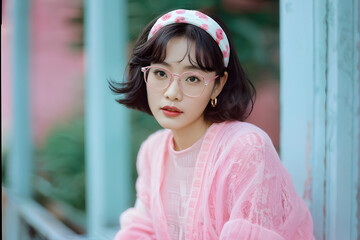 A woman wearing a pink sweater and glasses is sitting on a bench