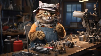 Wall Mural - A playful tabby cat engaged in a workshop, wearing a tool belt filled with miniature tools.