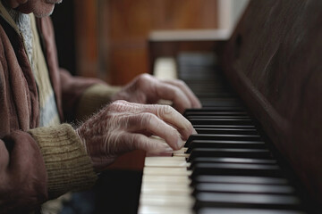 Elderly man playing a musical instrument, like a guitar or piano