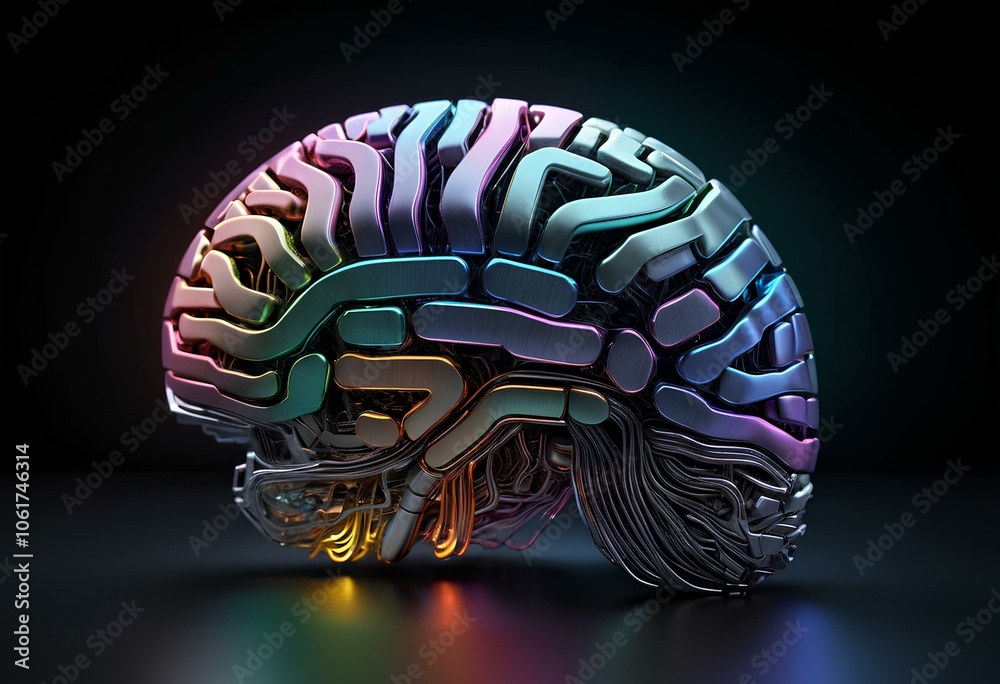 Stylish brain covered in a modern metal shell. Each brain fold ...