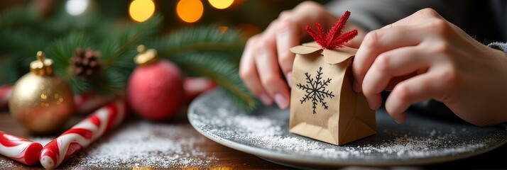 Creative christmas gift wrapping with handmade decorations and festive ornaments