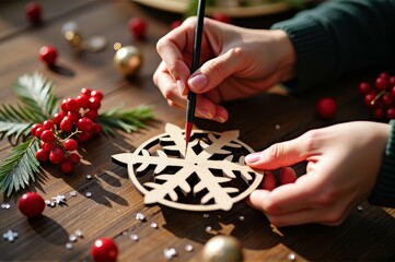 Crafting wooden snowflake decorations with red berries and pine on a festive table