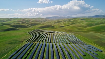 Solar Panels in Green Hills Under Blue Sky