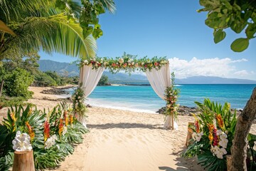 tropical beach wedding decor, wedding decor on a beautiful beach with white canopies and hibiscus and orchid floral arrangements, creating a festive vibe