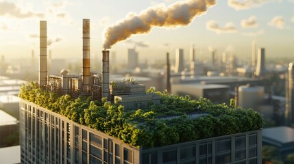 Sustainable industry goals, clean factory with rooftop greenery, 3D illustration