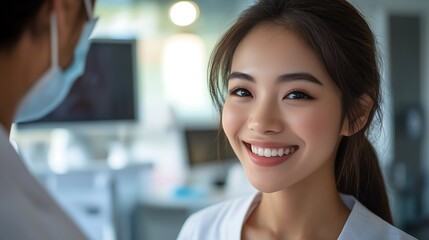 Asian woman dermatologist consulting with a patient in a bright, modern clinic.