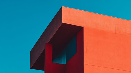 Modern architecture features striking orange facade against clear blue sky, showcasing geometric shapes and clean lines that evoke sense of boldness and creativity