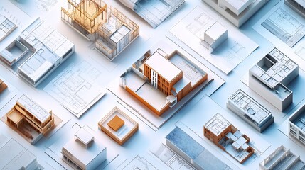 Poster - A 3D rendering of a home design concept, showcasing a variety of architectural styles, surrounded by blueprints.