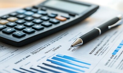 Poster - A calculator and pen on financial documents with graphs and charts for analysis.