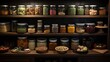 © zahra - Cottage-style pantry with rustic charm, featuring neatly arranged jars, wooden shelves, and charming organization.
