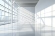 © Kristina - Blank white wall mockup in sunny modern empty gallery, 3d rendering. Clear big stand mock up in museum with contemporary art exhibitions. Large hall interior with wide banner exposition template.