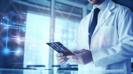 Wall Mural - In a contemporary medical office, a doctor in a white coat is shown in motion as they interact with a large tablet that presents a holographic interface filled with data