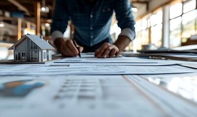 Poster - a person sketches architectural plans with a miniature house model in a design studio.