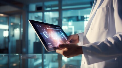 Wall Mural - a medical expert in a white coat engaged with a large tablet, showing a sleek white background holographic interface.