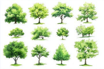 Set of watercolor green tree isolated on white background for landscape and architecture drawing, elements for environment and garden, botanical for section in spring 