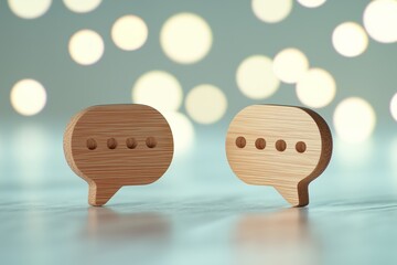Fototapete - Two wooden speech bubble icon against bokeh light background. Concept for discussion or conversation representation that can be used as background.