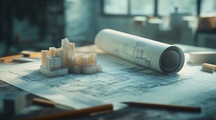 Poster - A close-up of a model city, blueprint, pencils, and other architectural tools on a table.