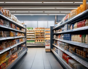 Side view of supermarket shelves with products