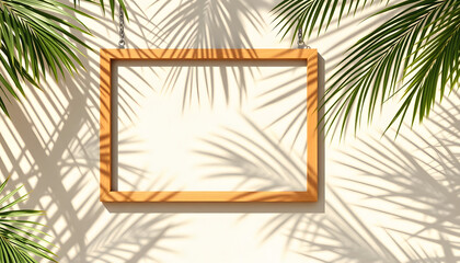 Blank wooden picture frame mockup hanging. Shadows of palm leaves on beige limestone wall in sunlight. Abstract natural background, poster background. Grunge texture backdrop. Floral shadows overlay