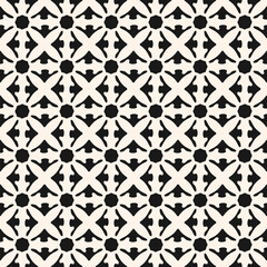 Wall Mural - Vector seamless pattern with ethnic folk motifs. Simple black and white floral geometric ornament. Monochrome background texture with flower silhouettes, grid, lattice, crosses. Repeating geo design