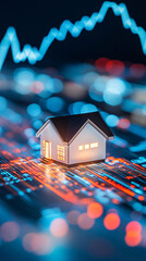 Aufkleber - The concept of market volatility in the real estate sector is represented by a miniature house standing on a vibrant financial chart with glowing lights