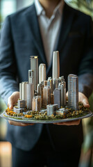 Poster - Architect presents a model of a contemporary city with skyscrapers to his clients