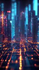 Poster - Futuristic cityscape at night with skyscrapers emerging from a glowing circuit board