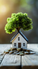Poster - Miniature house standing on a pile of coins with a growing tree on top, symbolizing the concept of saving money for a house