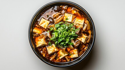 Delicious Bowl of Mapo Tofu Soup with Mushrooms and Cilantro