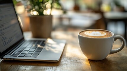 Fototapete - A cup of latte with latte art on a wooden table in a coffee shop with a laptop in the background.