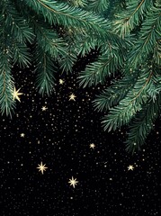Poster - Fir tree branches with stars on a black background, a Christmas card design illustration in the vintage style, with a green and gold color palette, leaving space for text.