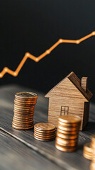 Poster - Coins stacked to represent rising house prices, with a miniature house and climbing graph in the background