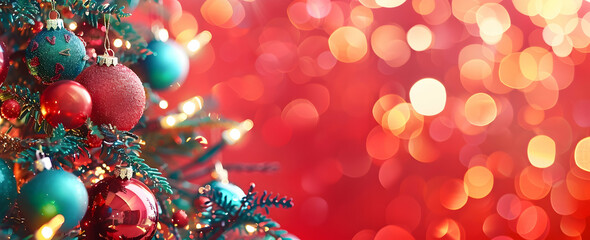 Poster - A Christmas tree with colorful ornaments on a red background