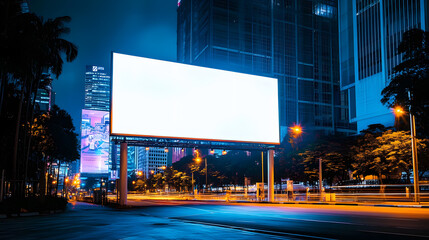 Wall Mural - A blank billboard at Orchard Road in Singapore with sleek and modern glass buildings luxury retail stores and vibrant city lights reflecting the areas upscale vibe Large space for text in center