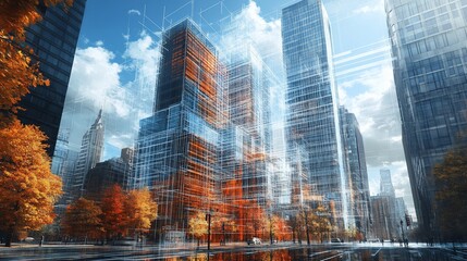 Fototapete - A futuristic cityscape with tall buildings and trees in the foreground, with a blue sky and white clouds in the background. The buildings are partially transparent, showing their structural details.