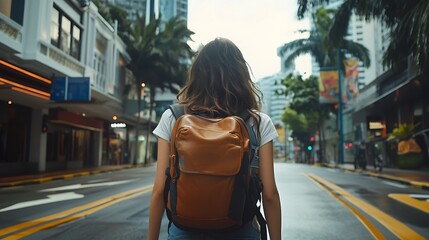 Wall Mural - A person walking down a quiet urban street with a backpack, surrounded by buildings and palm trees.