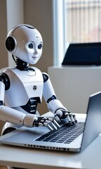 laptop working adorable robot humanoid bot technology computer robot working futuristic science cyborg occupation machinery cyberspace office computer keyboard engineer equipment indoor industry