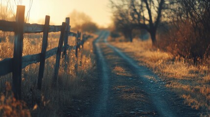 Poster - A serene country road lined with weathered wooden fences during a golden hour sunset