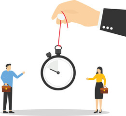 Human hand hold an office clock. 24-7 support service, working hours. Success long term investment. Vector illustration

