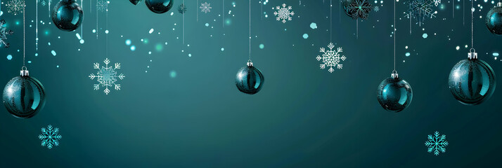 Poster - Sleek teal background with hanging ornaments and snowflakes