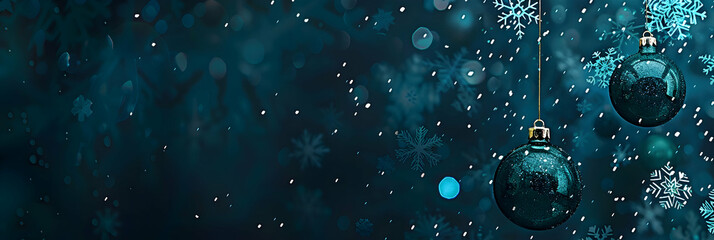 Poster - The background is dark blue, with two teal Christmas ornaments hanging on the left side and snowflakes