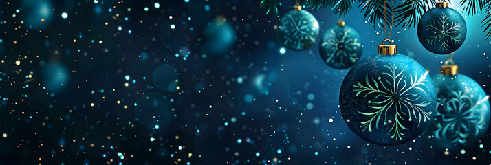 Poster - Elegant dark blue and green background with hanging Christmas ornaments and snowflakes