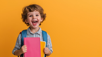 A joyful child in a neat school outfit, with a school backpack and a book in hand, standing in front of a solid, pastel-colored background.