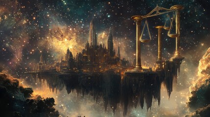Poster - A breathtaking wide-angle view of an ancient city suspended in the cosmos, surrounded by stars and celestial wonders, capturing a surreal atmosphere