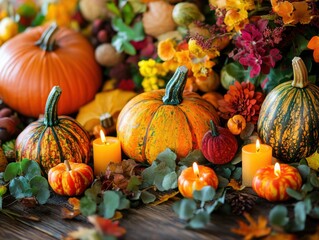 Aufkleber - A vibrant table centerpiece featuring pumpkins, candles, and autumn foliage for a festive fall celebration
