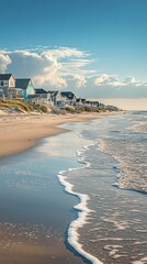 Aufkleber - A tranquil view of Cape Cod's sandy shoreline with charming houses under a blue sky at sunset